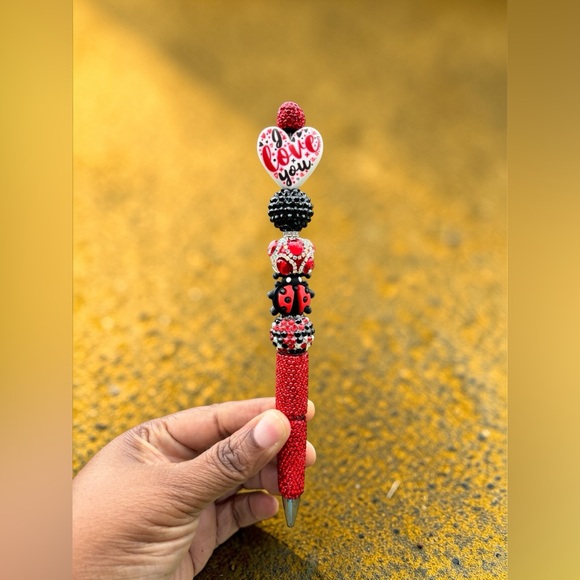 Accessories - Handmade Rhinestone Red 'Love You' Beaded Pen with Ladybug